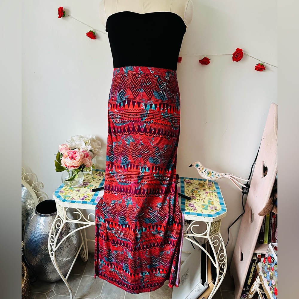 Hurley Black Red Tribal Aztec Boho Patterned Maxi Dress L - Picture 2 of 9